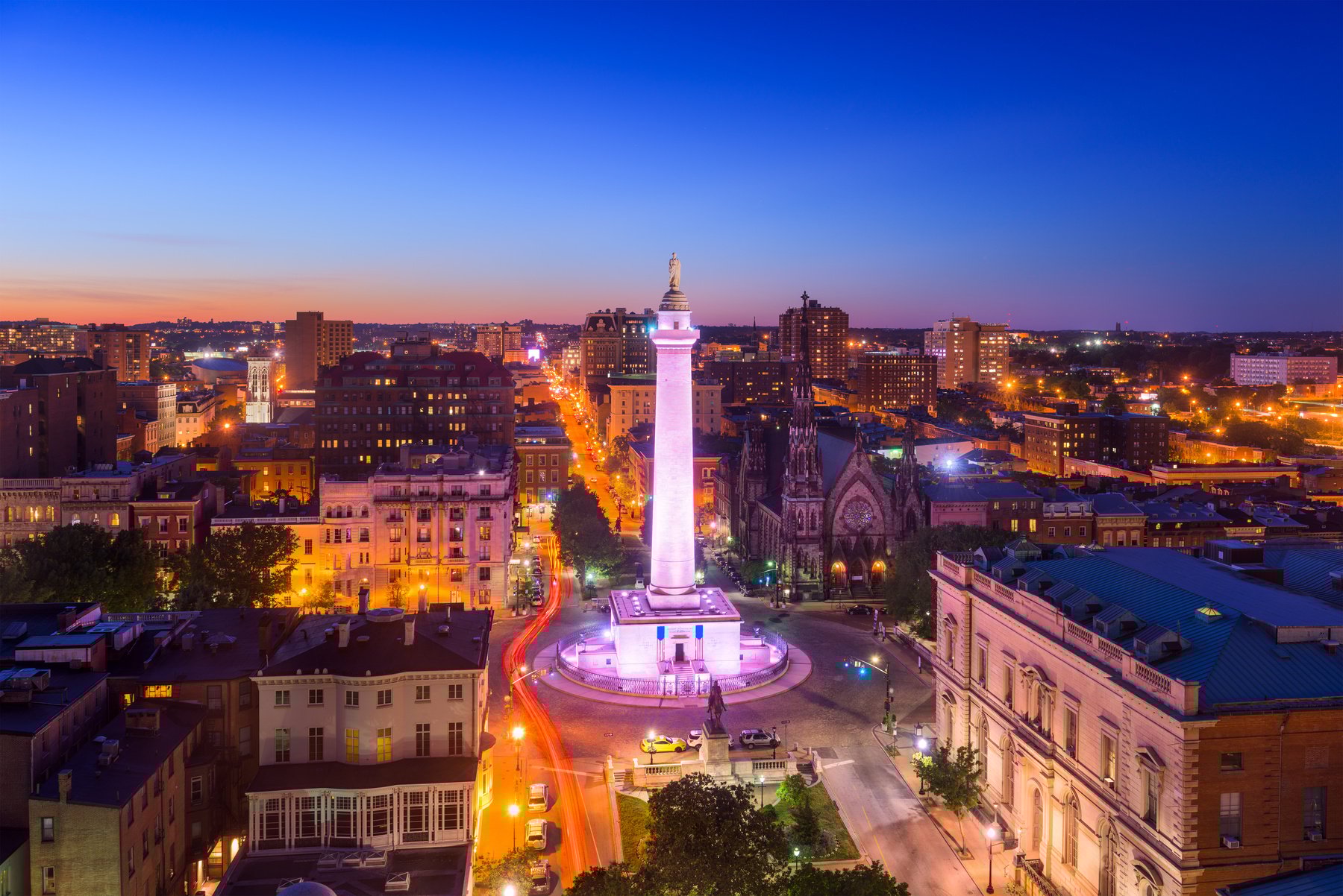 The Washington Monument on Charles Street in Baltimore.